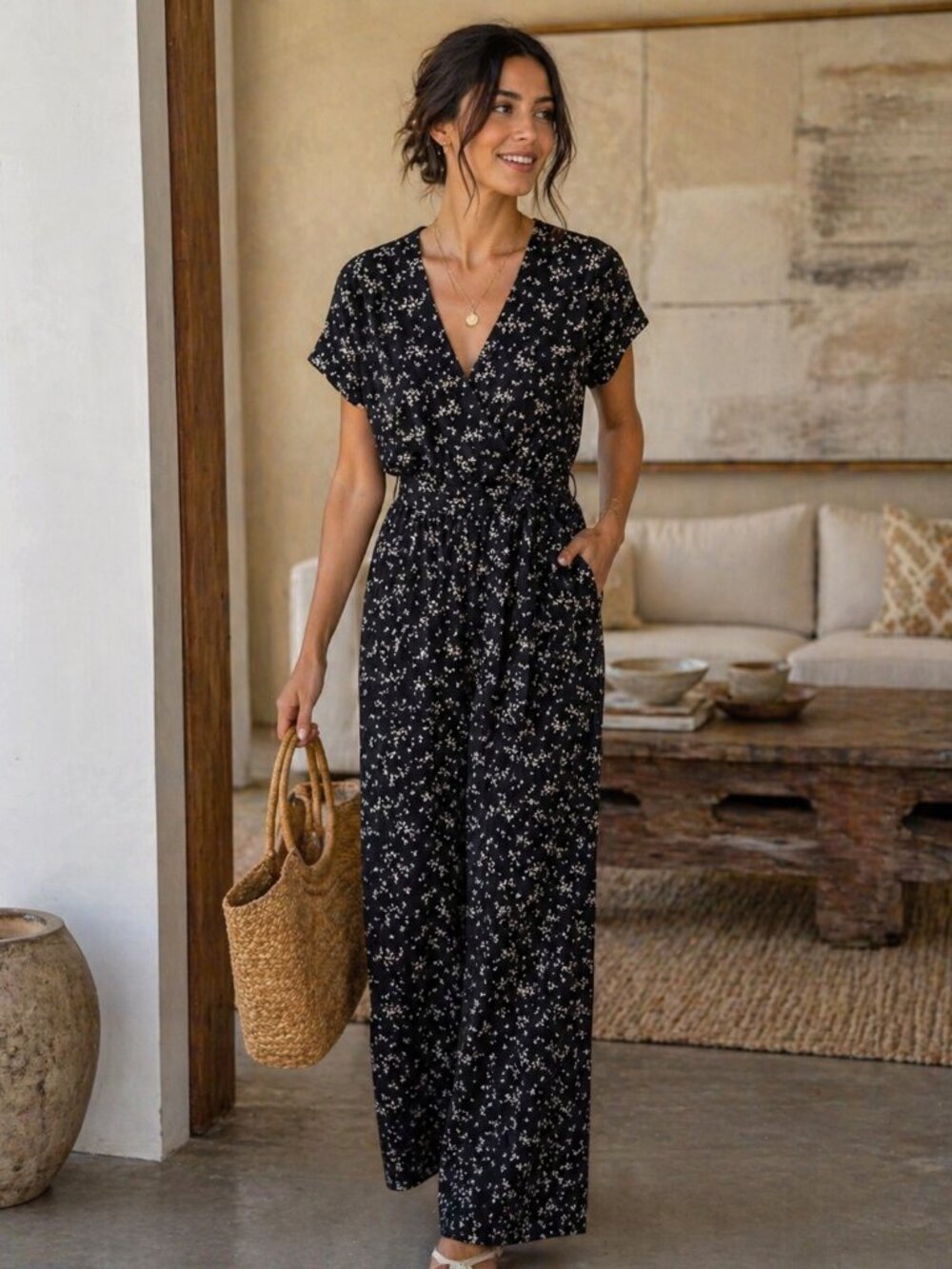 Gilli Petite Jumpsuit XS Black Floral Wide Leg Drapey Pockets Boho Chic NWOT